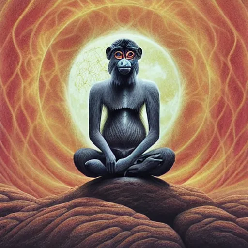 Image similar to an anthromorphic monkey meditating in a zen garden with a waterfall under the blood moon, by Adi granov and afarin sajedi and amanda sage and evgeni gordiets and Agostino Arrivabene and adonna khare in a psychedelic portrait style, ultrarealistic matte painting, volumetric lighting, fractal, extremely symmetrical, highly detailed face, orisha, 8k, hd