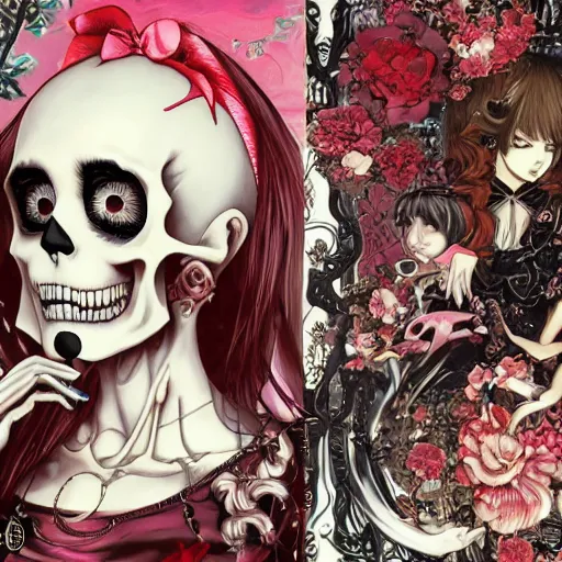 Image similar to portrait of a manga anime girl skull face detailed highres 4k by Trevor Brown and James Jean pop art nouveau