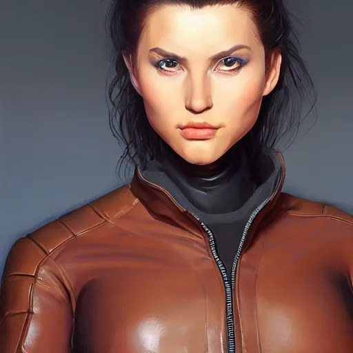 Prompt: painting of female wearing a skintight leather jacket, full view, popular on artstation, artstationhd, artstationhq 8 k, volumetric lighting, super focused, no blur, trending on artstation, artstationhd, artstationhq, ultra detailed, by artgerm and james gurney, greg rutkowski,