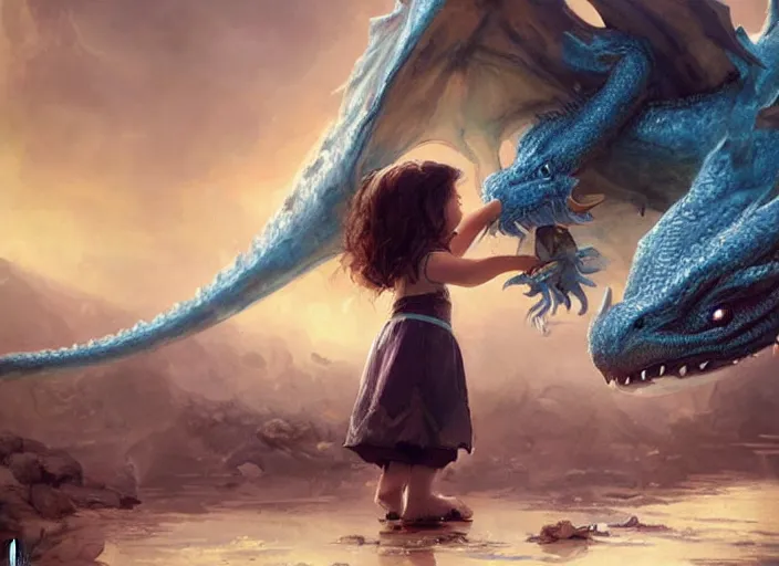 Prompt: a cute little girl with curly brown hair and blue eyes befriends a baby dragon, beautiful fantasy art by greg rutkowski.