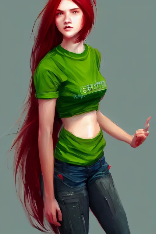 Image similar to beautiful cute athletic red haired eighteen year old young woman standing up, casual green clothing, long straight hair, cyberpunk city, attractive cheerful face, casual pose, rpg character, sci - fi, intricate, elegant, digital painting, artstation, concept art, smooth, 8 k frostbite 3 engine, ultra detailed, art by artgerm and greg rutkowski and magali villeneuve