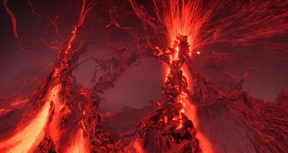 Prompt: a volcano made of ivory vines and crimson rocks enters in eruption, it spits a smoke in the shape of demonic eye, with Unreal Engine