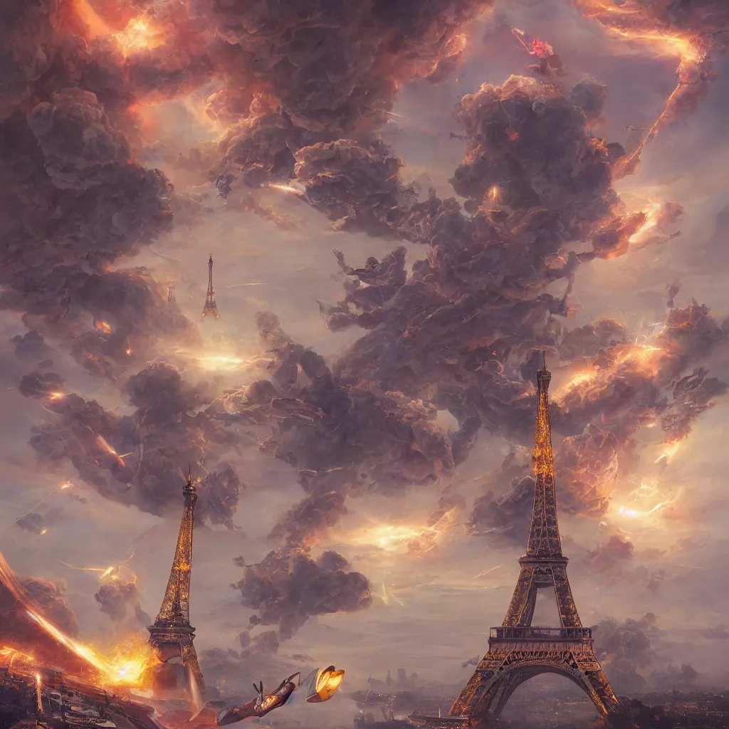 Image similar to tictac ufo crashing on the eiffel tower, hyper-realistic, Peter Mohrbacher Takayuki Takeya , dramatic cinematic lighting rendered by octane, 8k, photograph