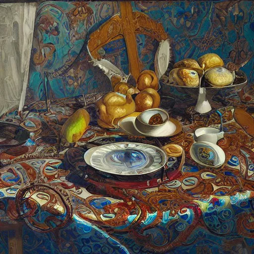 Prompt: still life of cyborg body parts, on a table with an ornate patterned tablecloth, beautiful painting by lucien levy - dhurmer, moody lighting