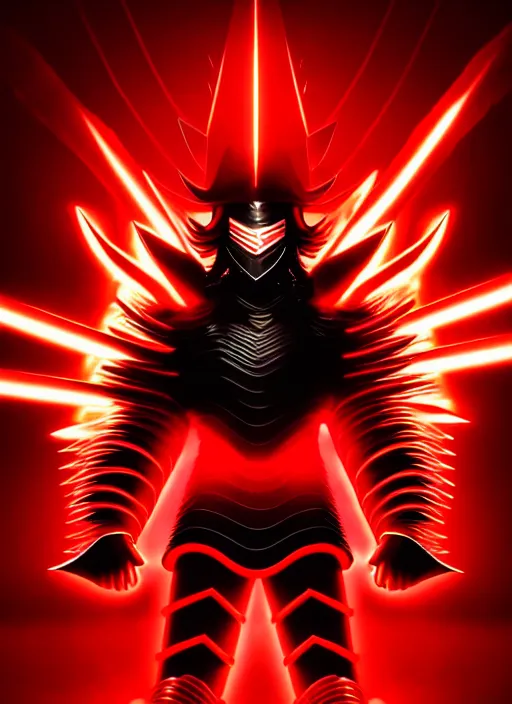 Image similar to a striking cinematic full body manga portrait of a long black haired masked male teenager wearing imposing red jagged spiked plate armour and glowing with raging powerful red energy by hirohiko araki and beeple, fine details, digital art, character concept art, volumetric lighting, cinematic light, photorealistic