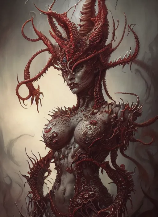 Prompt: a hyper detailed full body portrait of the queen of blades, diablo 4 lilith, sideshow figurines, cthulu, by tom bagshaw, artgerm, dorian cleavenger, greg rutkowski, wlop, astri lohne, zdzisław beksinski trending on artstation