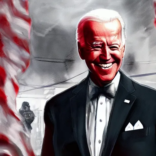 Image similar to joe biden smiling with blood in his face while behind him the world is burning, dramatic lighting, cinematic, establishing shot, extremly high detail, photorealistic, cinematic lighting, artstation, style by James Gurney