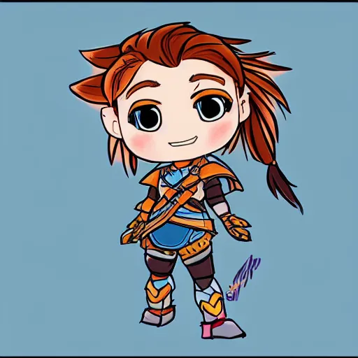 Prompt: chibi cutesy aloy from horizon zero dawn in the style of a disney cartoon