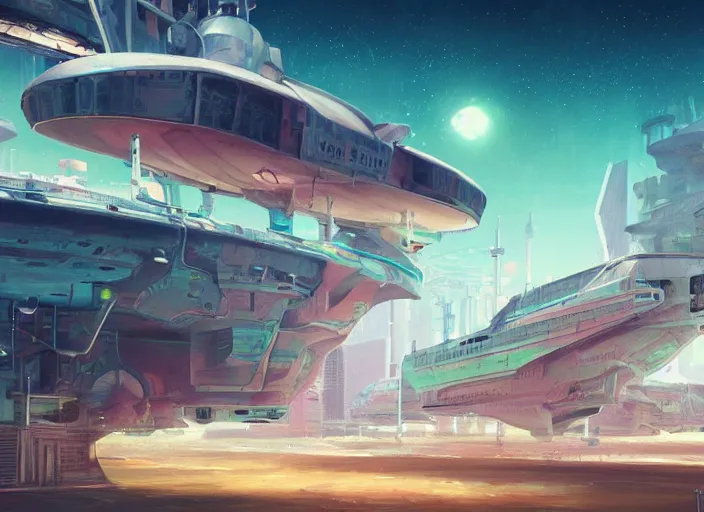 Image similar to detailed concept art illustration colorful pastel painting of a retro sci-fi solarpunk spaceship docked at port in full intricate detail, ultra detailed, digital art, octane render, 4K, dystopian, micro details