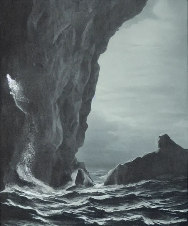 Image similar to photorealistic painting of a 1 9 2 5 seiner sailing near a tropical cliff with the mouth of a sea cave at the waterline, dark, brooding, atmospheric, lovecraft, horror, smooth, epic, highly detailed, cinematic, by lee gibbons