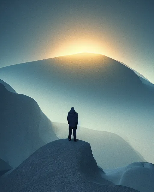 Image similar to a man standing in the middle of a mountain looking at a glowy shape, a render by filip hodas, behance contest winner, environmental art, rendered in cinema 4 d, volumetric lighting