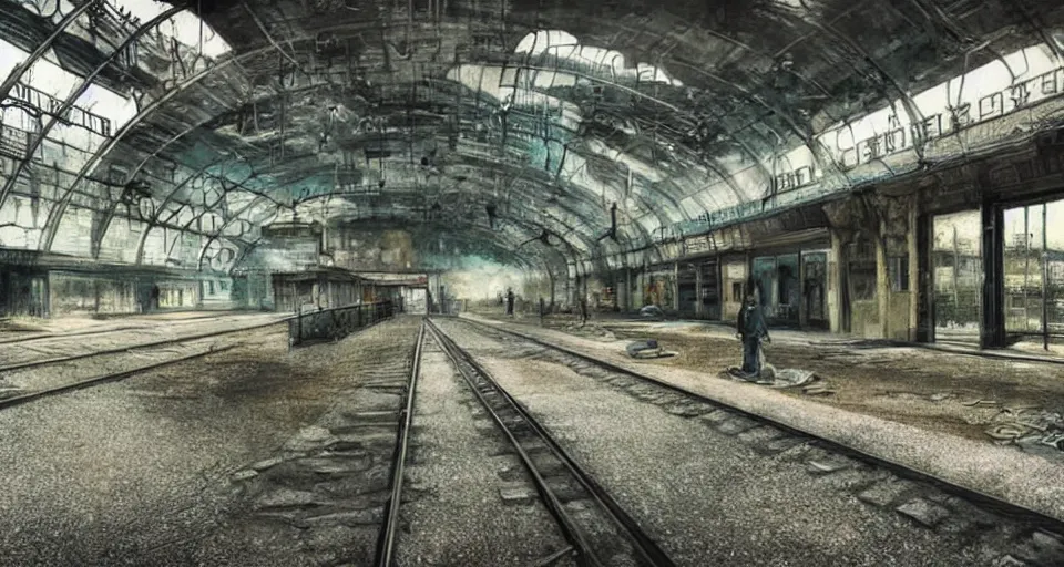 Image similar to (((a post-apocalyptic train station))) by Tokyo Genso!!!!!!!!!!!!!!!!!!!!!!!!!