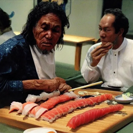 Image similar to aborigine eating sushi