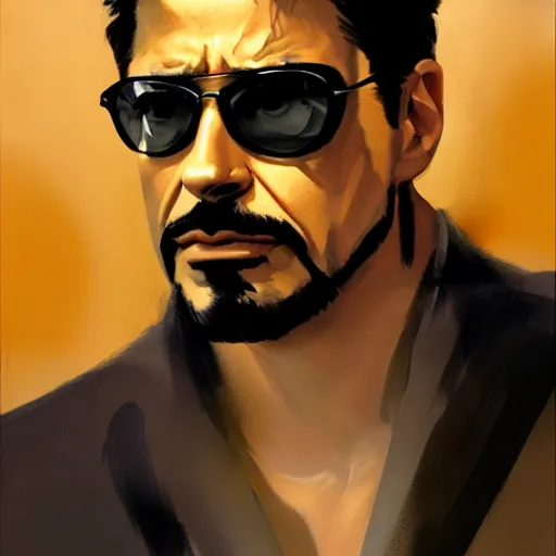 Image similar to greg manchess portrait painting of tony stark in a golden frame, medium shot, asymmetrical, profile picture, organic painting, sunny day, matte painting, bold shapes, hard edges, street art, trending on artstation, by huang guangjian and gil elvgren and sachin teng