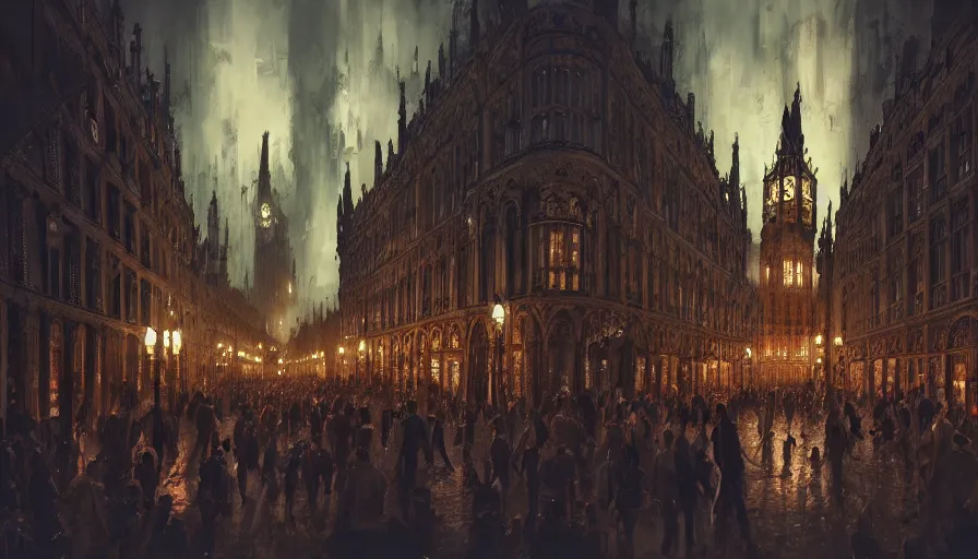 Image similar to neo - gothic london's with crowded place, night, hyperdetailed, artstation, cgsociety, 8 k