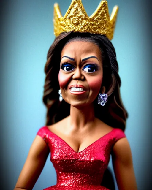 Prompt: closeup profile portrait of a tin toy michelle obama as a fairytale princess wearing a crown and sitting on a throne, bikini, hyper realistic, artstation, illustration, concept art by nicoletta ceccoli, mark ryden, lostfish, max fleischer, digital paint, matte paint, vivid colors, bright, cheerful, detailed and intricate environment