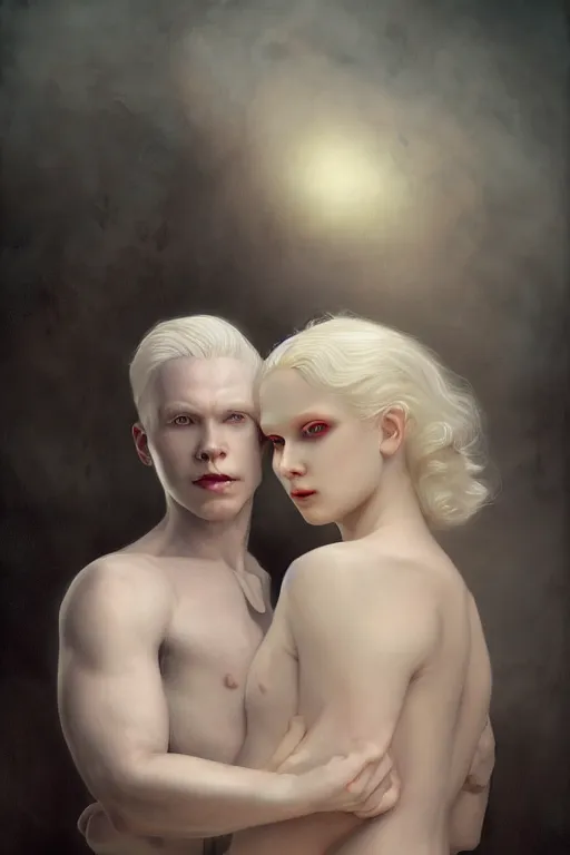 Image similar to a portrait of handsome young male albino Satan and his elegant beautiful albino wife, bored, illustration, dramatic lighting, soft details, painting oil on canvas, art nouveau, octane render, HDR, 4k, 8k, HD, by Edmund Blair Leighton, Brom, Charlie Bowater, trending on artstation, faces by Tom Bagshaw, Sargent