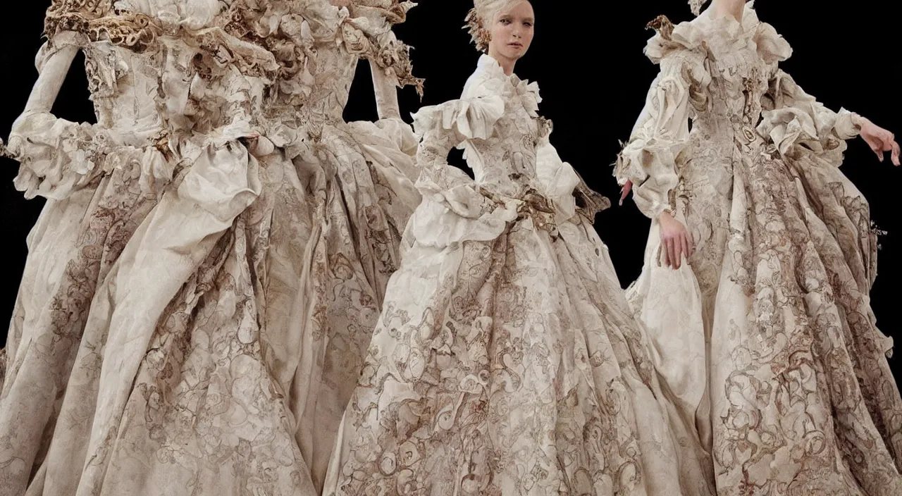 Image similar to fashion design inpired by fairy tale, for dragon queen, designed by alexander mcqueen, rococo