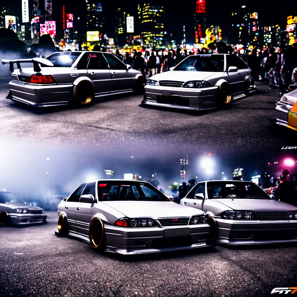 Image similar to a car JZX100 twin turbo drift at illegal car meet, Shibuya prefecture, city midnight mist lights, cinematic lighting, photorealistic, detailed alloy wheels, highly detailed