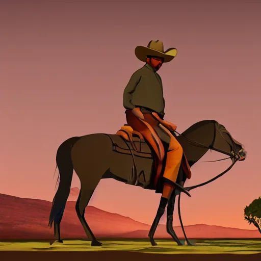 Prompt: cowboy on the range, beautiful New Mexico landscape, Art Deco, animation, cel-shading, toon shading, unity, 8k, 4k