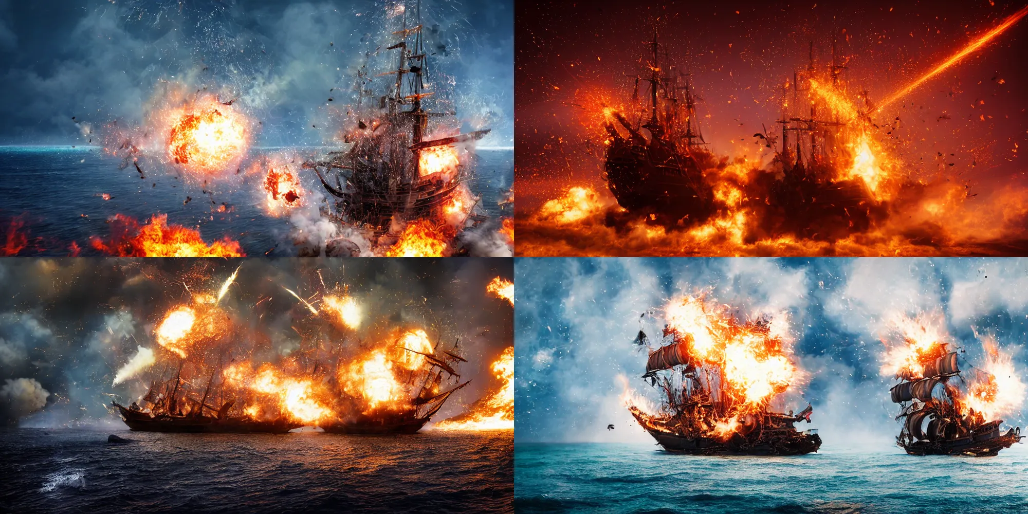 Prompt: action photography of a pirate ship shatters from an explosion during cannon fire of a Caribbean island, fast shutter speed, high speed, VFX particle simulation, action photo, 1/1000 sec shutter