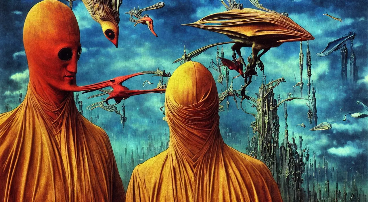 Image similar to realistic detailed portrait movie shot of a birdman wearing dark robes, sci fi city landscape background by denis villeneuve, amano, yves tanguy, alphonse mucha, ernst haeckel, max ernst, roger dean, masterpiece, rich moody colours, blue eyes, occult