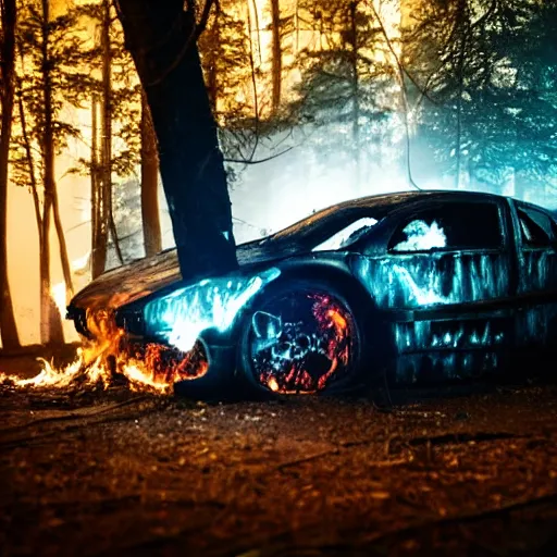 Image similar to cyberpunk car on fire in the middle of the woods at night fire fiery sci fi advance