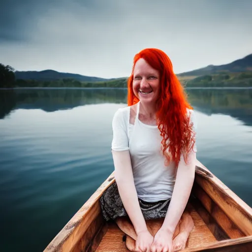 Image similar to tall beautiful red haired scottish woman, smiling on a raft in a lake, 4 k, early morning, mist, photorealism, professional photography