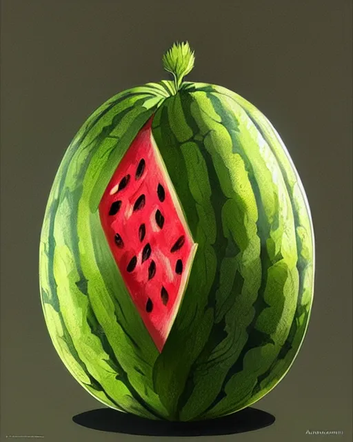 Image similar to an giant watermelon with small wings, winged watermelon, highly detailed, digital painting, artstation, concept art, smooth, sharp focus, illustration, art by artgerm and greg rutkowski and alphonse mucha