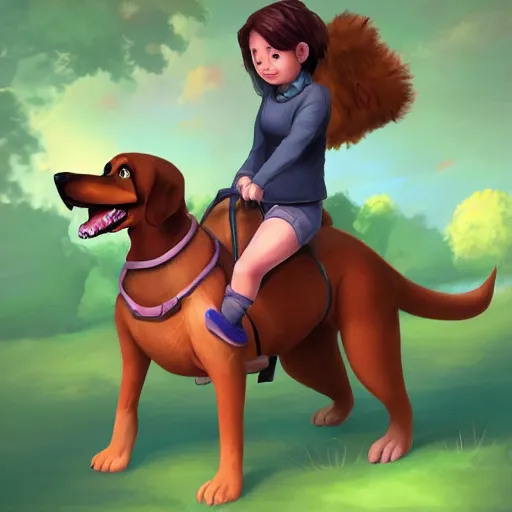 Prompt: girl riding a giant schanuzer dog at the park, trending on artstation