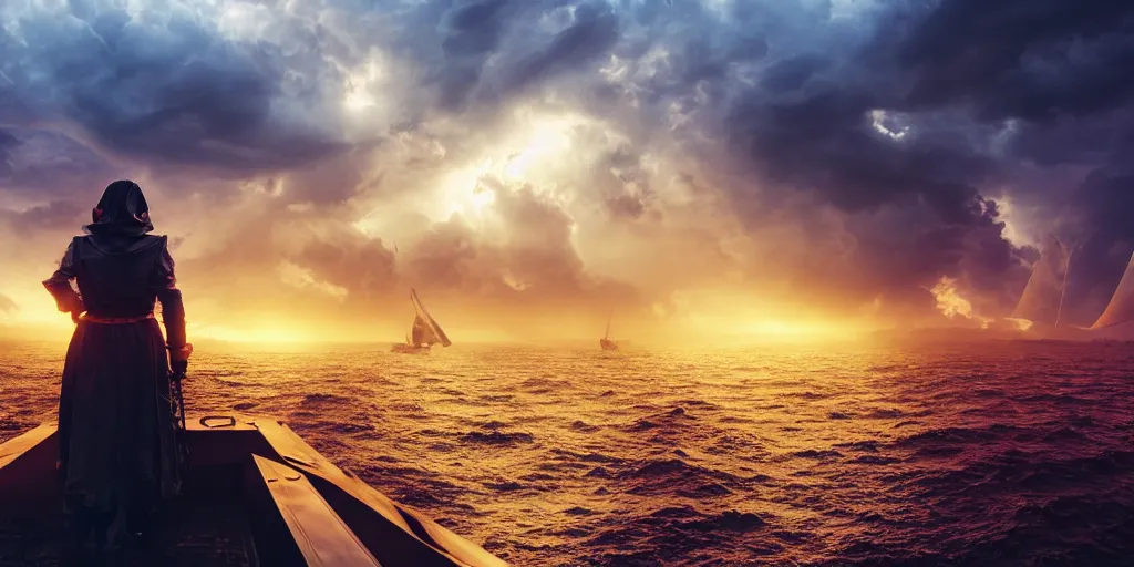 Image similar to medieval woman ship pilot from behind standing at the bow of a ship at sea, dramatic golden neon sunset with thick wall of storm clouds, dynamic lighting, surreal, HD 4k, artstation