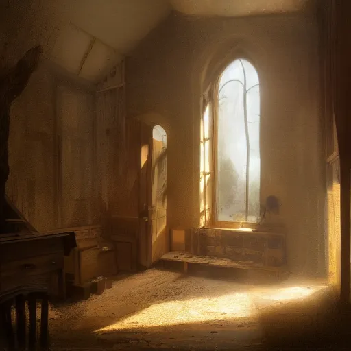 Image similar to the interior of an old abandoned house, an oak tree grows inside, golden rays of sunlight enter through the window, digital art, trending on artstation, matte painting, concept art, drawn by greg rutkowski, inspired by johannes vermeer, warm colors