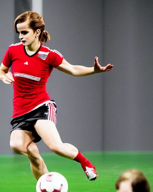 Image similar to a portrait of emma watson as a lokomotiv football player, hyper realistic