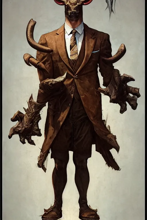 Image similar to full length portrait of a minotaur wearing a suit by greg rutkowski and rick berry and norman rockwell and everett raymond kinstler and greg staples and nc wyeth, artstation creature