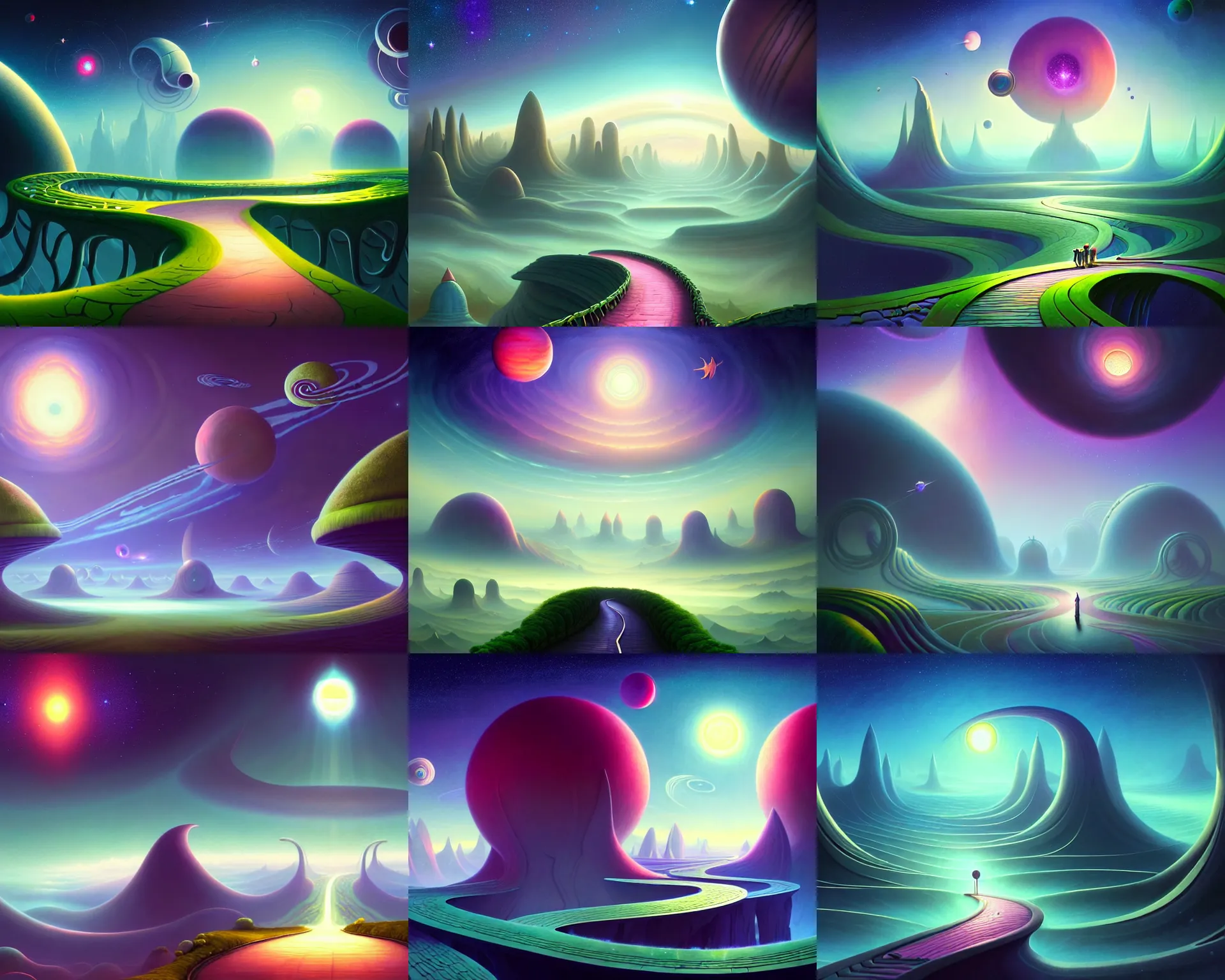 Prompt: a whimsical matte painting of a winding path into outer space sci - fi dream worlds, surreal planets designed by heironymous bosch, space megastructures inspired by heironymous bosch, vast surreal landscapes and horizon by asher durand and cyril rolando and natalie shau and cyril rolando and andrew ferez, insanely detailed, highly intricate, elegant, masterpiece composition