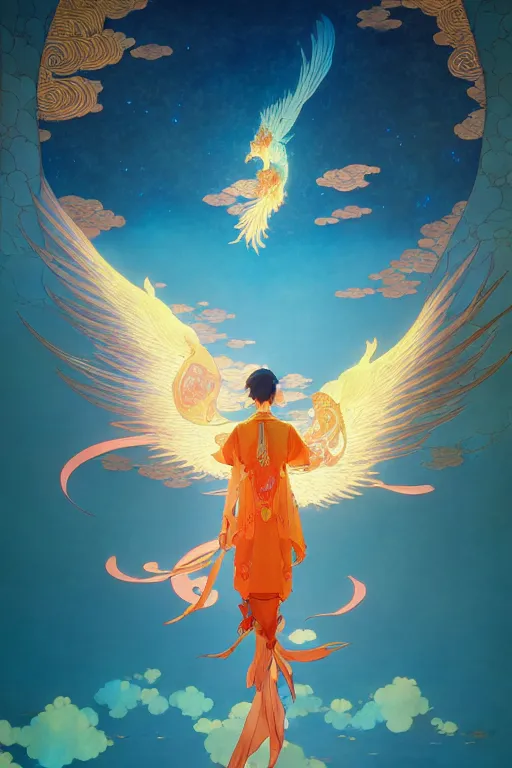 Prompt: victo ngai and lfons mucha painting of a phoenix in the sky, chinese style ， makoto shinkai ， final fantasy, unreal engine 5 highly rendered, global illumination, radiant light, detailed and intricate environment