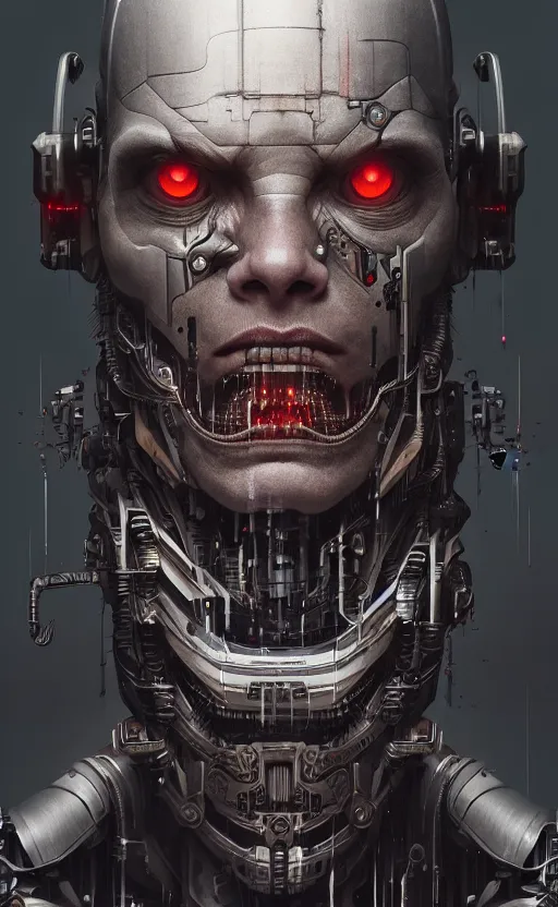 Prompt: angry cyborg face screaming, by sathish kumar and wlop, matte painting, spooky, artstation, detailed, photo realism, realism, intricate, ornate, cyberpunk, future, symmetry, technology