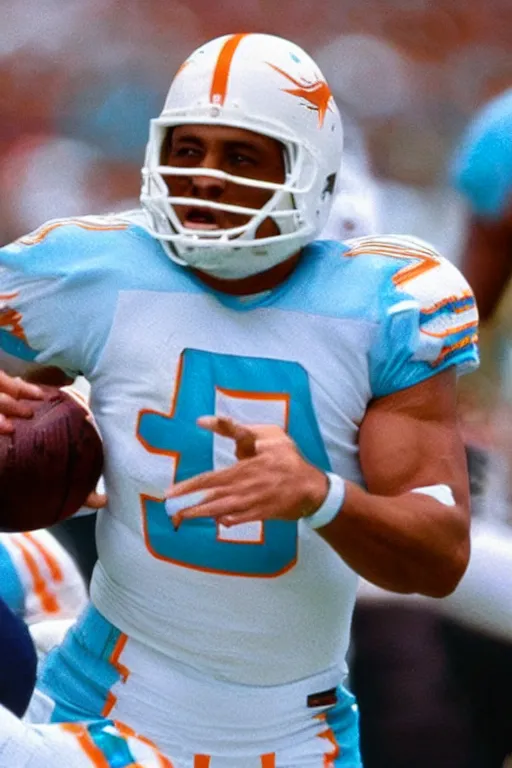 Prompt: The Rock playing quarterback for the Miami Dolphins
