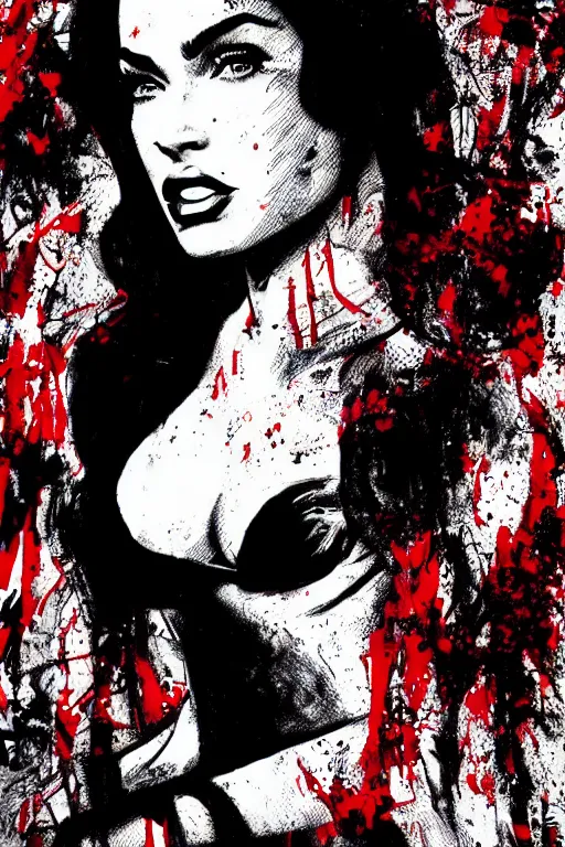 Prompt: dream of a film still from sin city, closeup portrait of film noir megan fox private detective, detailed illustration, digital art, trending on artstation, frank miller, martin ansin, movie poster, paint splatter, black on red, graffiti, gta v,