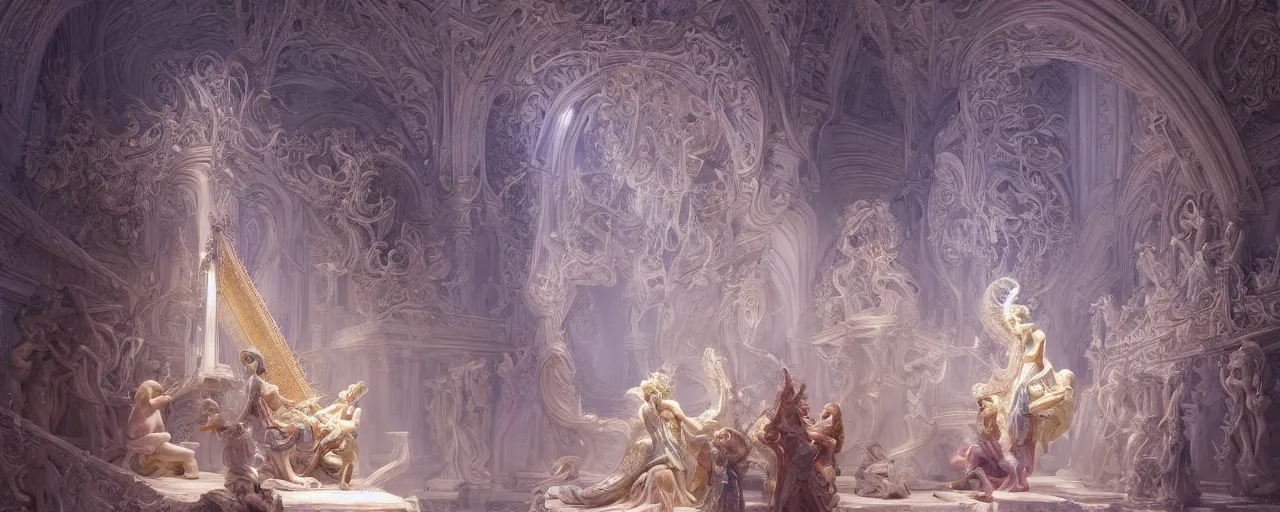 Image similar to a luminous fairytale of an iridescent dragon playing the harp in a baroque white marble cathedral. Neon light, masterpiece 4k digital illustration by Ruan Jia and Mandy Jurgens and Artgerm and william-adolphe bouguereau, award winning, Artstation, Gustave Dore' background, intricate details, realistic, panoramic view, volumetric lighting, Hyperdetailed, 8k resolution, intricate art nouveau, rendered in Unreal Engine 3