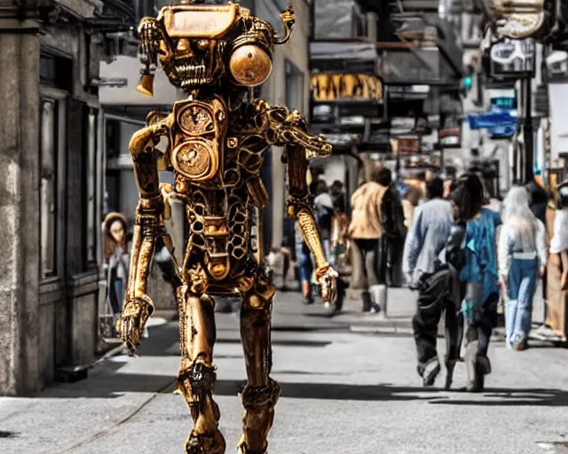 Image similar to a humanoid alien walking along a steampunk city street