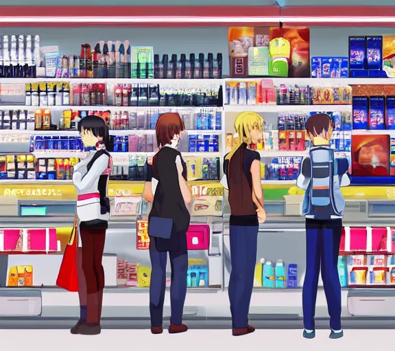 Prompt: an anime character robot girl with a shopping bag, standing in a line to the cash register in a convenience store in warsaw, photorealistic, near future, slice of life scene, digital art