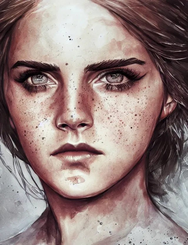 Prompt: portrait of a young emma watson as ciri from the witcher 3, beautiful eyes, aquarelle, realistic painting, freckles, 1 / 4 headshot