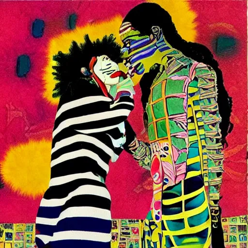 Prompt: beautiful painting of two bizarre psychedelic women kissing each other closeup in japan, speculative evolution, mixed media collage by basquiat and junji ito, magazine collage art, paper collage art, sapphic art, lesbian art