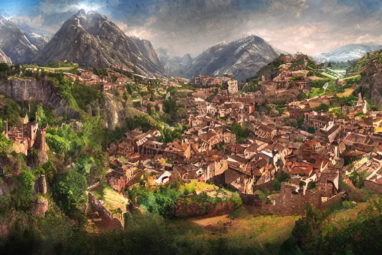 Image similar to a medieval city nestled within a valley protected by walls, digital art