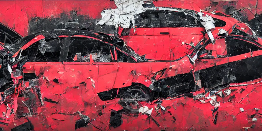 Image similar to rendered in blender car crash test, red and black, collage paper and tape, acrylic on canvas, hyperrealism mixed with expressionism, high resolution, cinematic, unreal 6, breathtaking detailed, by blake neubert