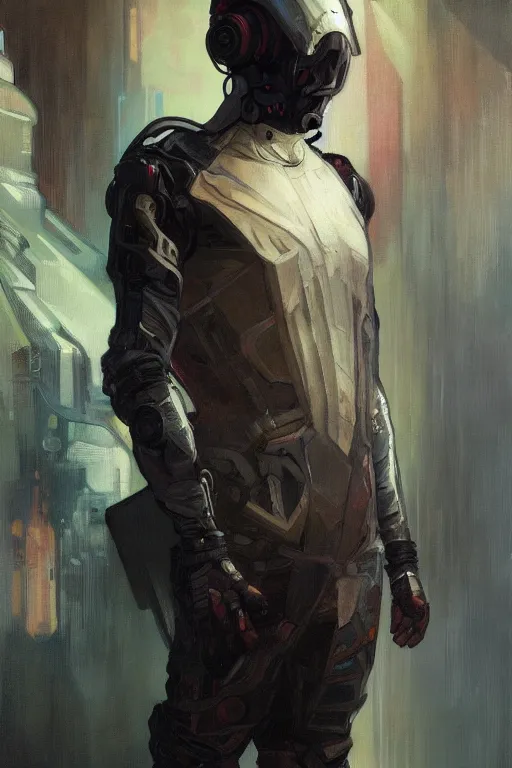 Image similar to a full body portrait oil painting illustration of an man by Justin Sweet and Greg Rutkowski and Alphonse Mucha with face and body clearly visible, techwear, futuristic, cyberpunk, artstation trending, high quality, sombre mood, artstation trending, abstract colours, no crop, entire character!,