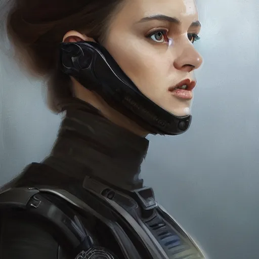 Image similar to Portrait of a woman by Greg Rutkowski, she is about 30 years old, black wavy hair with bangs, her features are a mix between French, Turkish and Russian, younger sister vibes, she is wearing a futuristic police gear, highly detailed portrait, digital painting, artstation, concept art, smooth, sharp foccus ilustration, Artstation HQ.