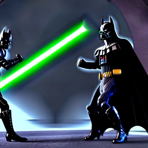 Image similar to ultra detailed picture of a fight where batman is against darth vador, unreal engine, extremely detailed, epic, dark, highly realistic, spiritual masterpiece, beautiful, ultra hd