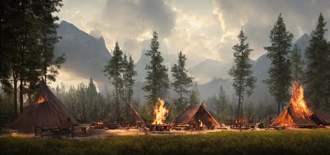 Prompt: longhouse, campfire, teepee, very detailed, octane render, realistic, 8 k, unreal engine 5, dramatic, volumetric, trees,, majestic mountains, sunrise, beautiful clouds, greg rutkowski